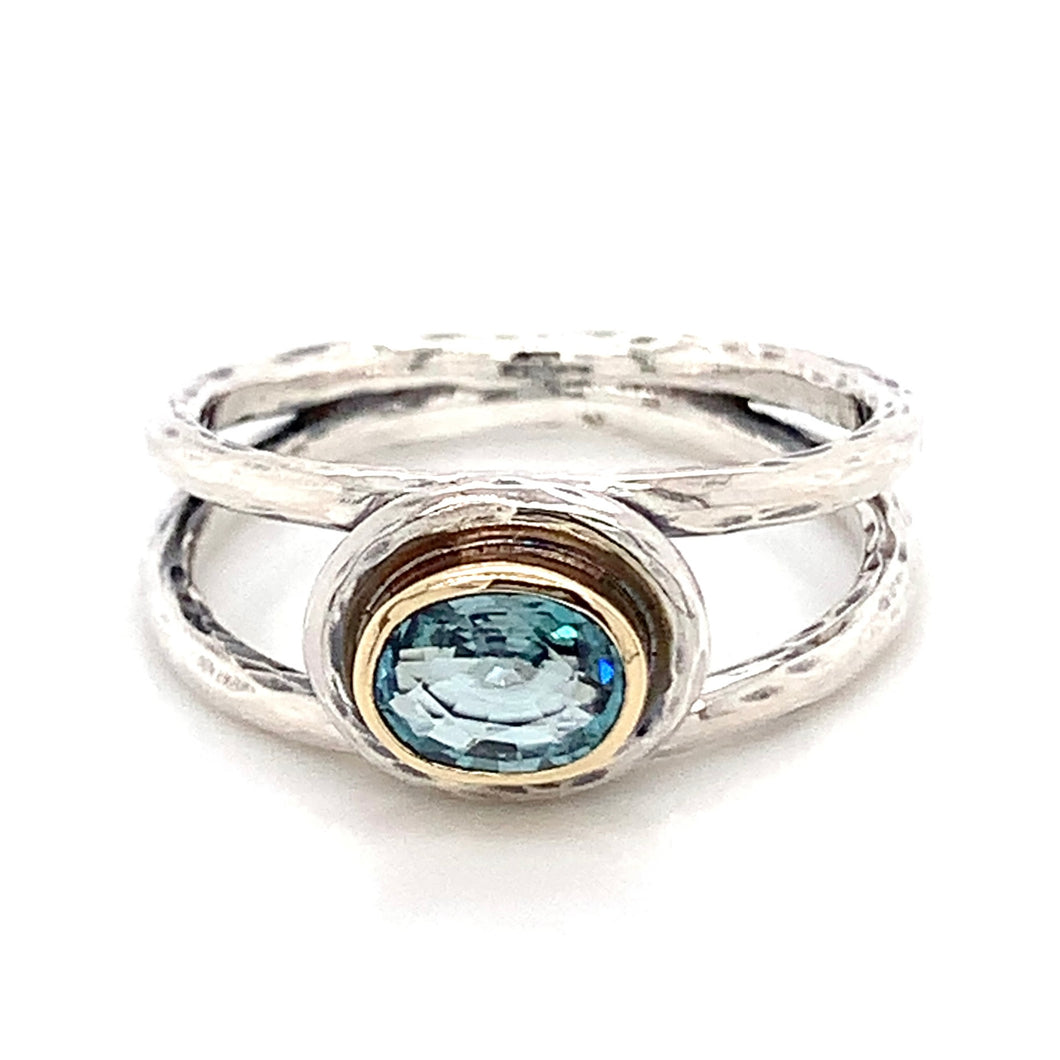 “Two-Gether, Forever” - Natural Blue Zircon Silver & 14K Gold Ring