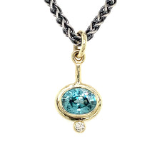 Load image into Gallery viewer, “She’s Dancing Under The Waterfall Again” - Natural Blue Zircon &amp; Diamond 14K Gold Pendant
