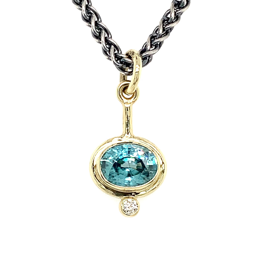 “She’s Dancing Under The Waterfall Again” - Natural Blue Zircon & Diamond 14K Gold Pendant