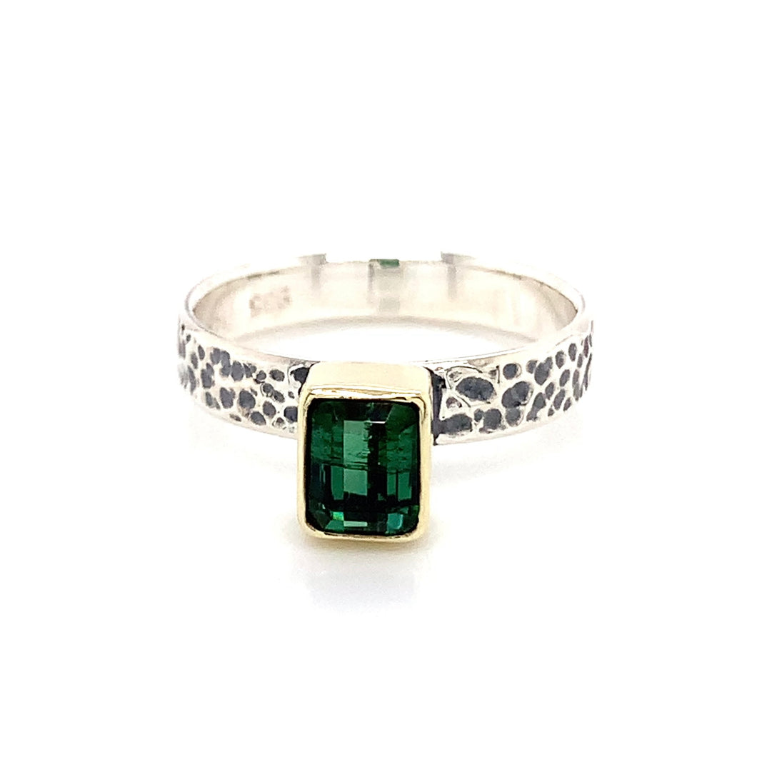 “Surreal Textures” - Teal Indicolite Tourmaline Silver & 14K Gold Ring