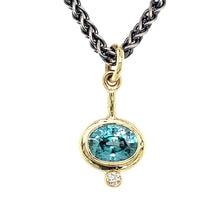 Load and play video in Gallery viewer, “She’s Dancing Under The Waterfall Again” - Natural Blue Zircon &amp; Diamond 14K Gold Pendant
